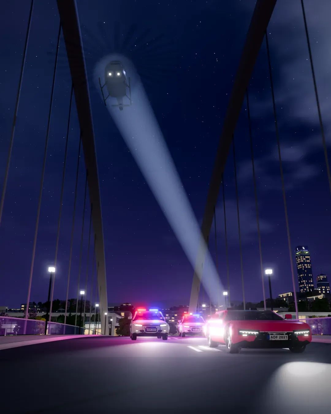 Persecución policial de noche en el puente de Nueva Aventura